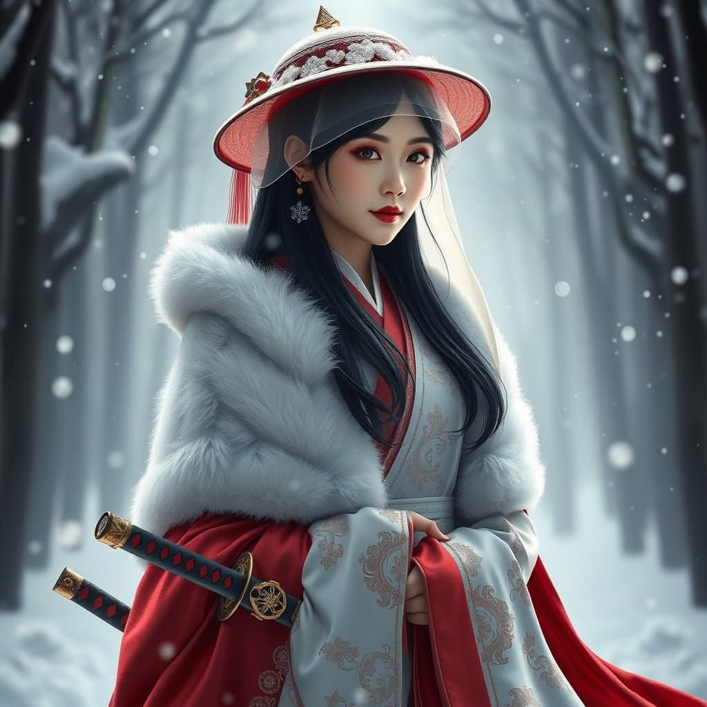 Elegant Oriental Lady in Traditional Hanfu Attire, Snowy For...