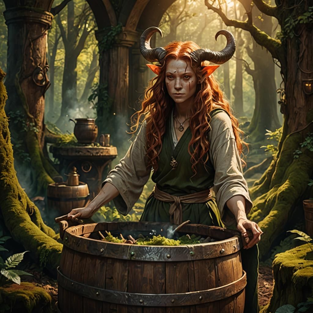 Satyr Monk Brewing Wine in Forest Temple