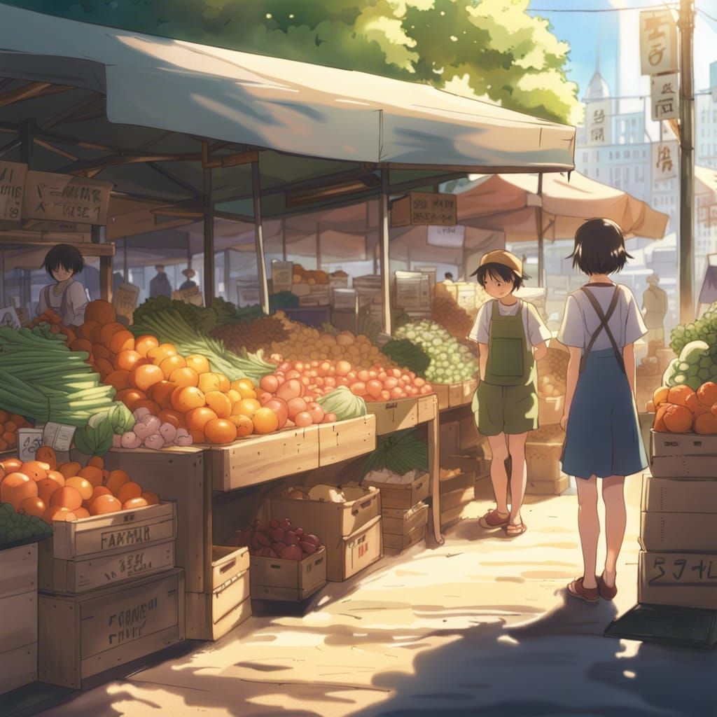Lively Farmers Market in Anime Style
