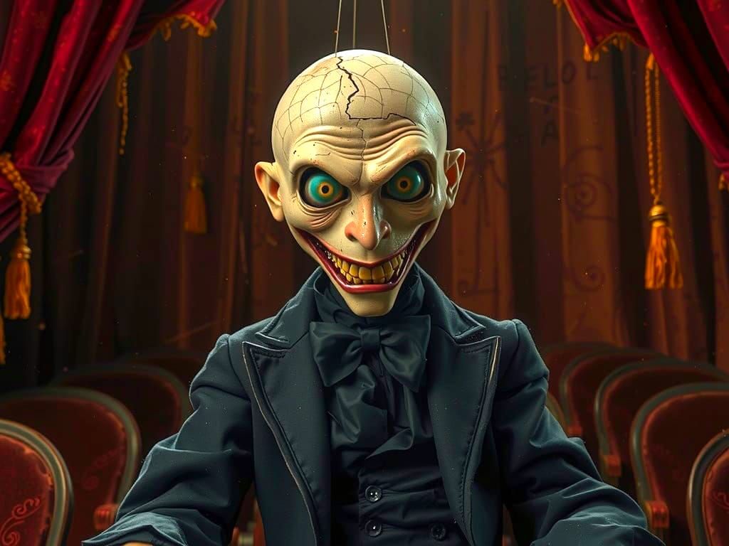 Macabre Ventriloquist Dummy in a Haunting, Gothic Setting