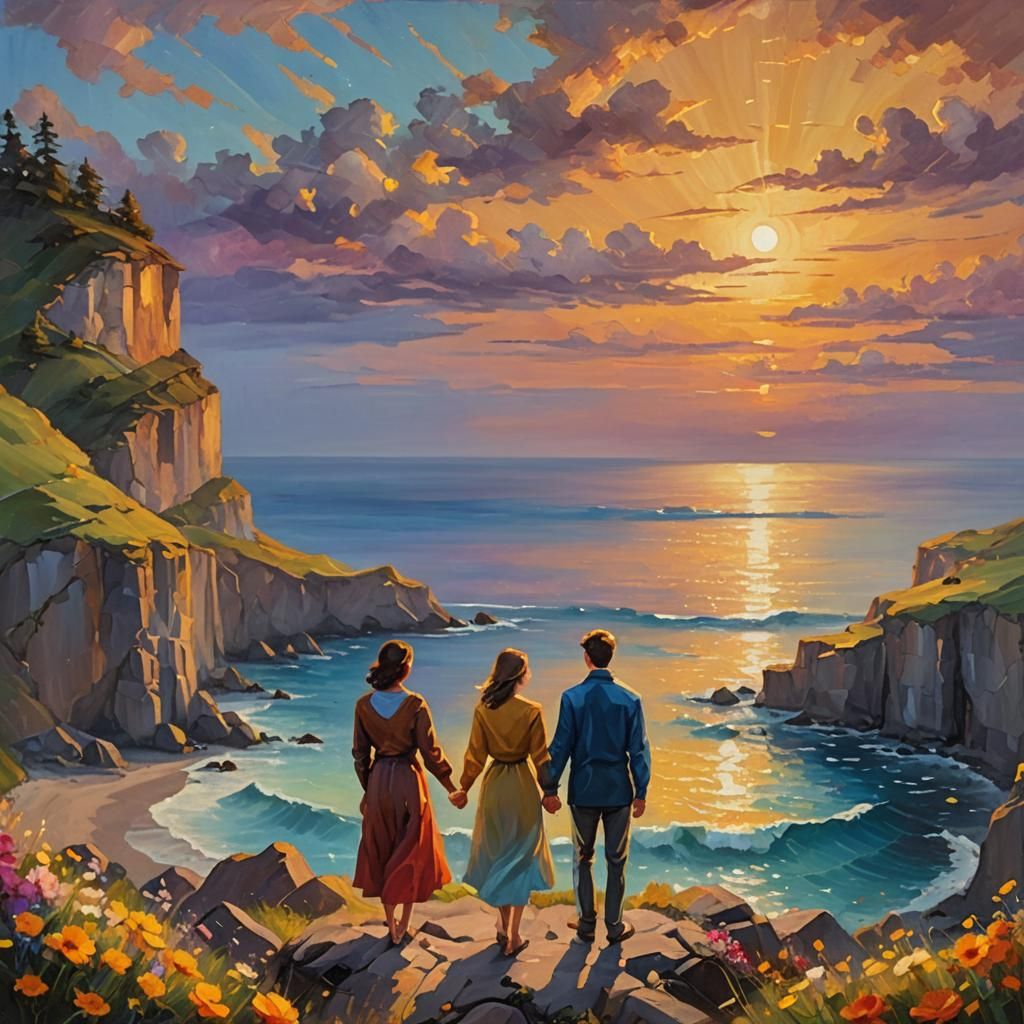 Romantic Sunset Scene in Impressionist Style