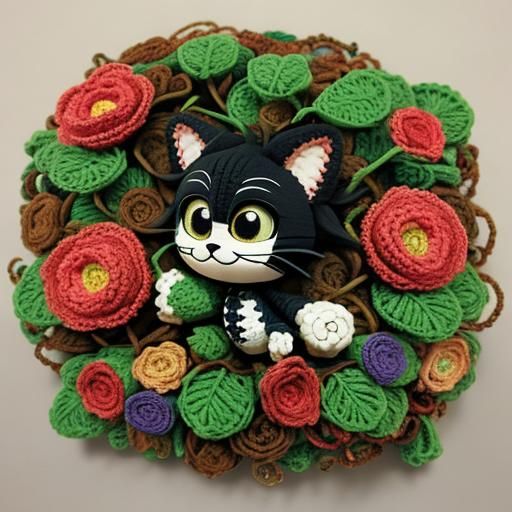 Crocheted Felix the Cat with Floral Background