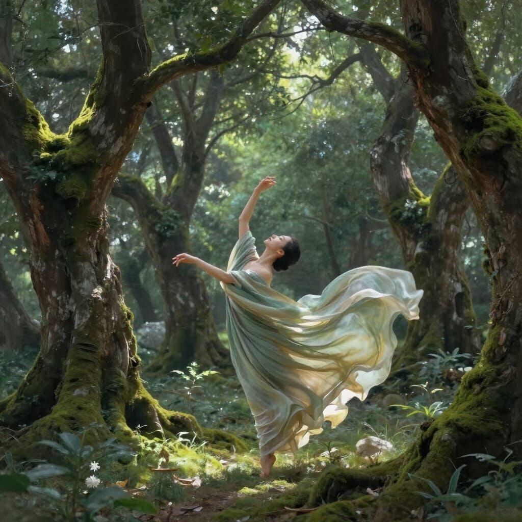 Dancer in Moss Silks Amidst Ancient Trees