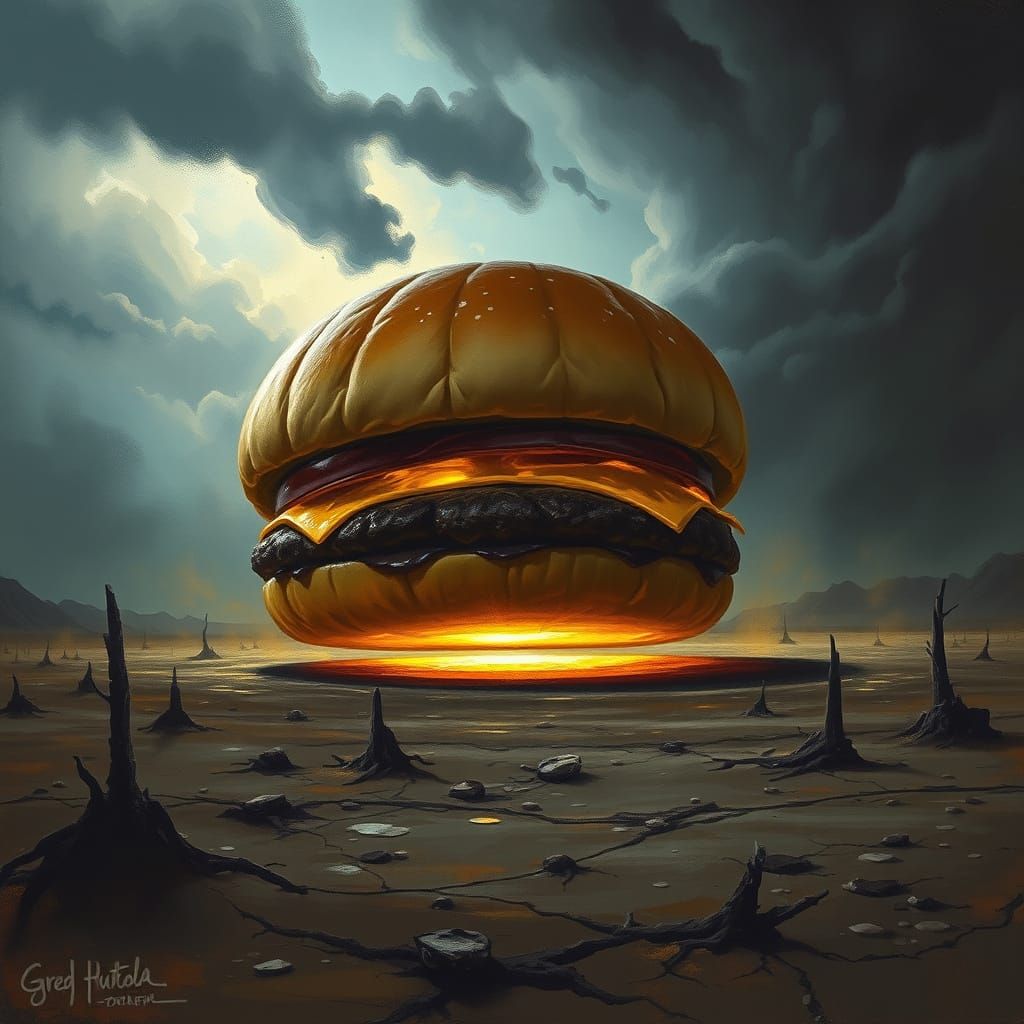 Indestructible Floating Cheeseburger in Stormy Landscape