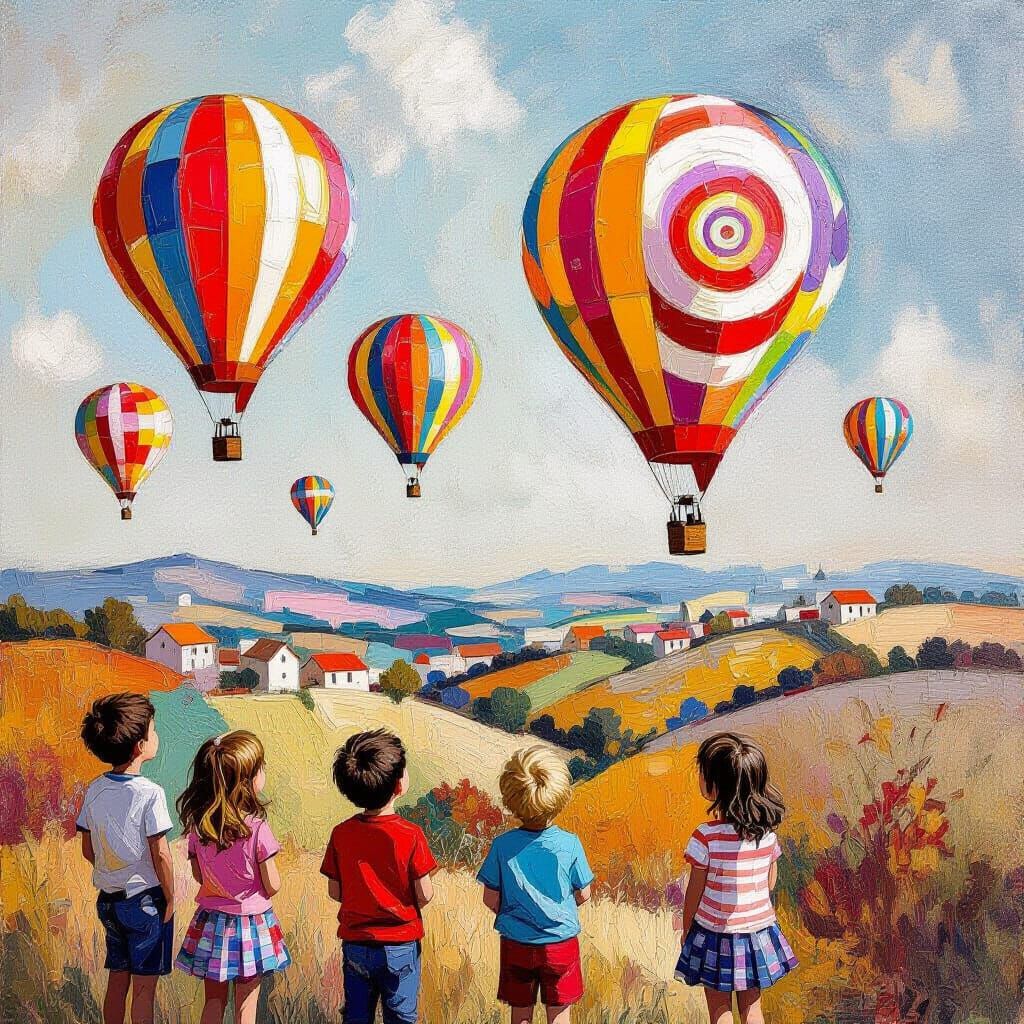 Children Watch Colorful Hot Air Balloons, Impasto Art