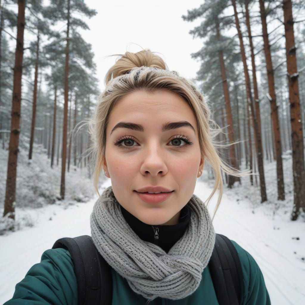 Girl Takes a Winter Selfie with Fisheye Lens Distortion