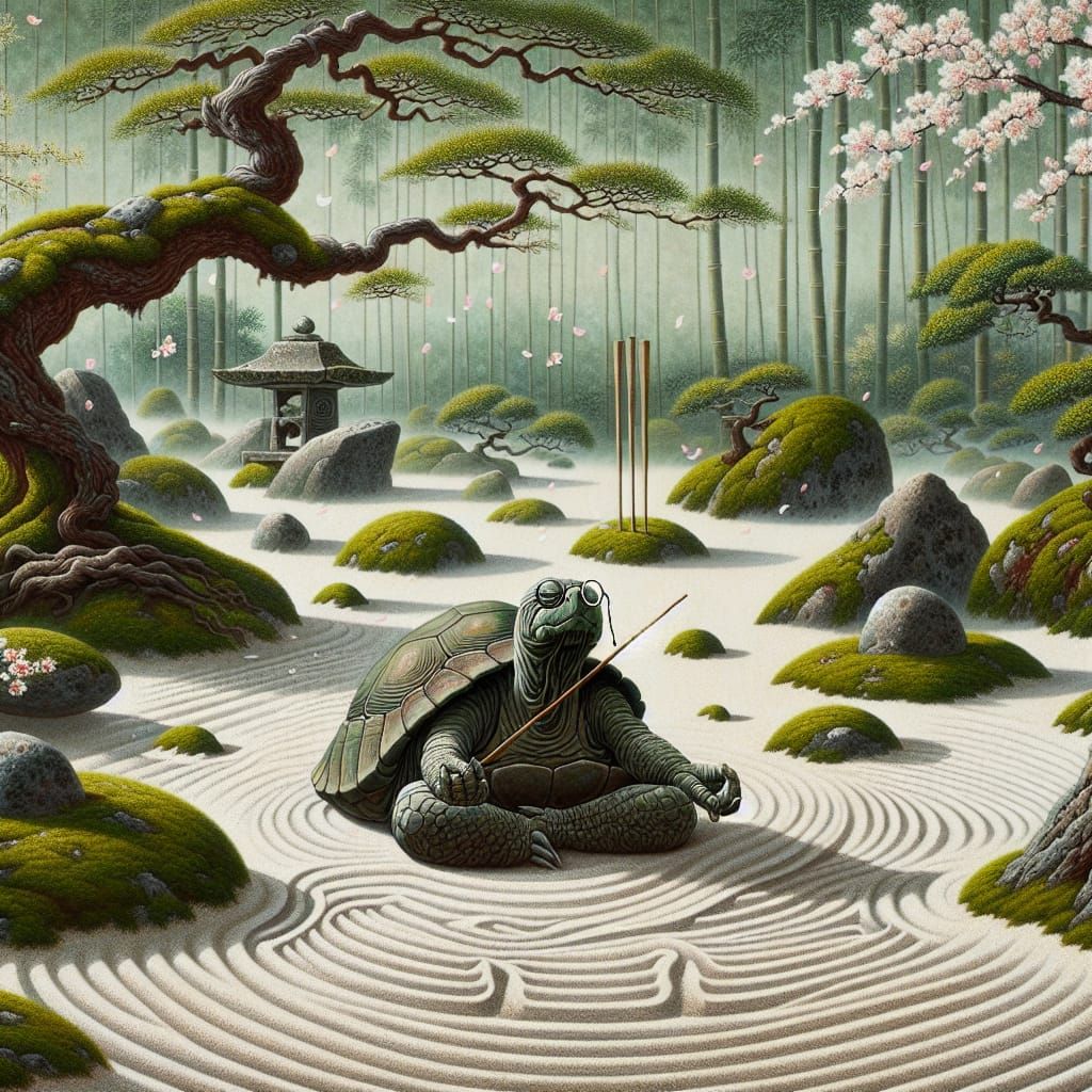 Wise Turtle Meditating in Zen Garden