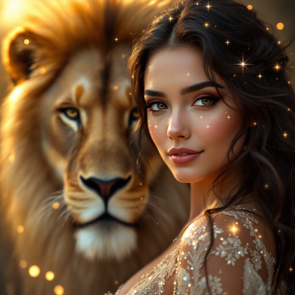 Serene Fantasy Queen with Majestic Lion in Golden Ambiance