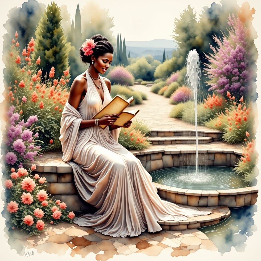 <lora:Antique Watercolor 2:1.0> Full body portrait of Maya Angelou sitting on a bench with one of her love poems. In the...