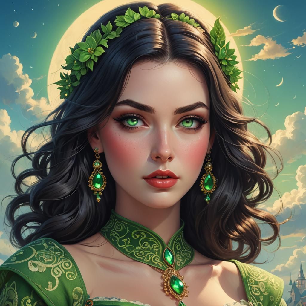 Emerald eyes. Made using the "mix up prompts game"