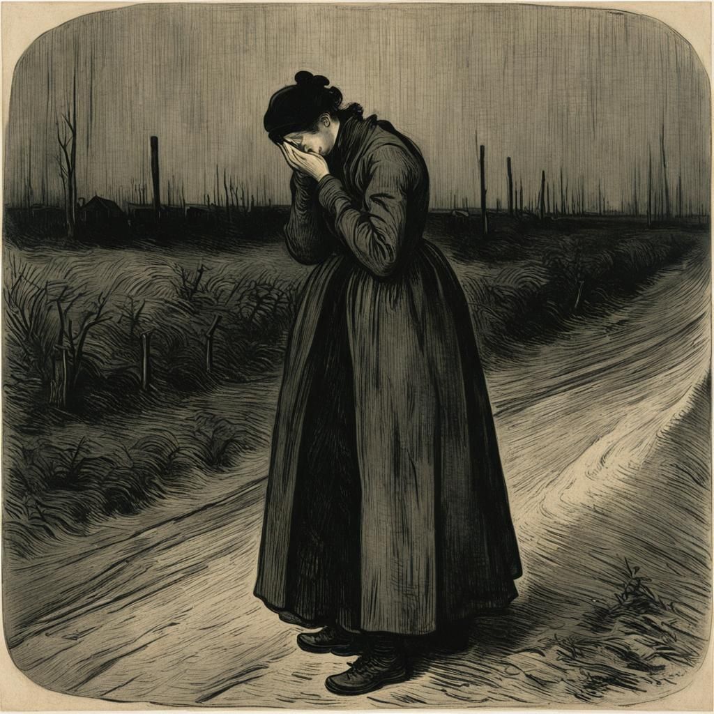 Sorrowful Woman Lithograph in Van Gogh Style