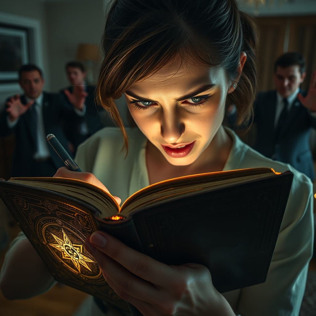 Frantic Woman Writes in Glowing Book