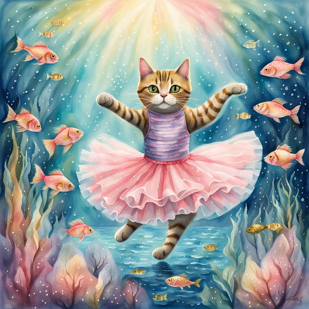 Whimsical Cat Dancing with Fish in Watercolor Style