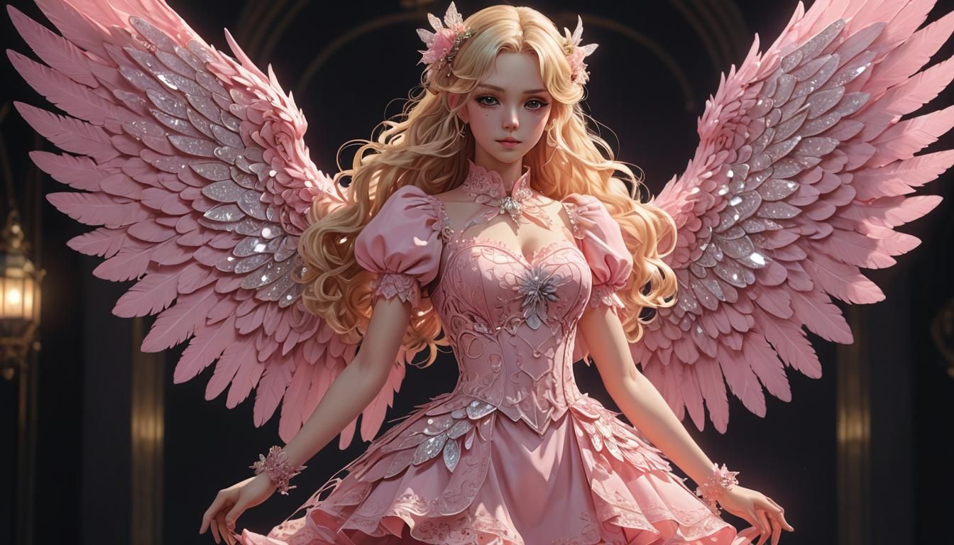 Beautiful Anime Girl in Pink Dress with Crystal Wings