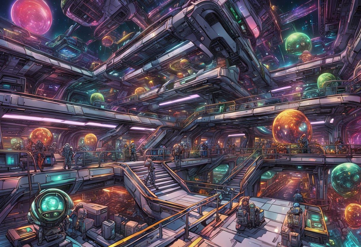 Futuristic Alien Market in Space Station, Manga Art