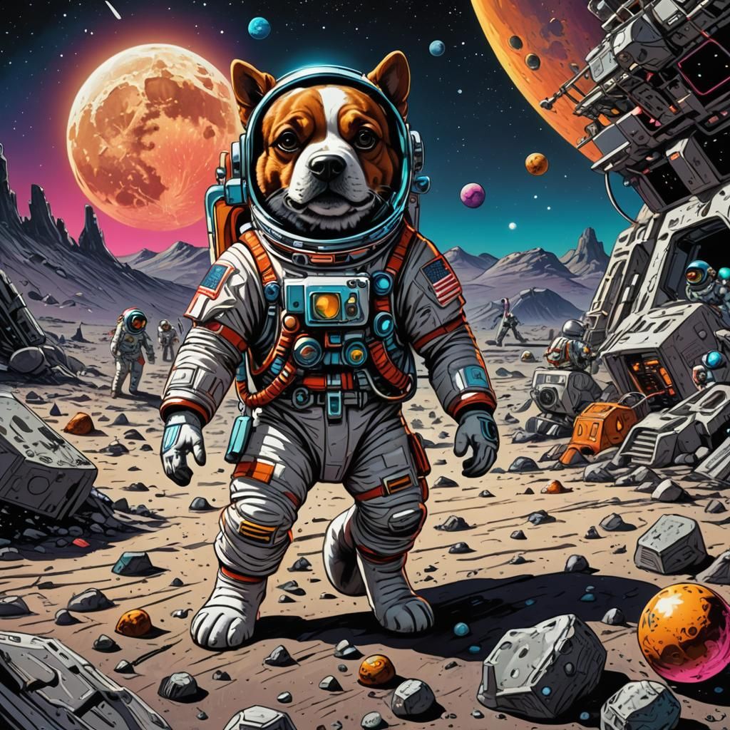 Mexican Astronaut Dog's Lunar Adventure in Comic Style