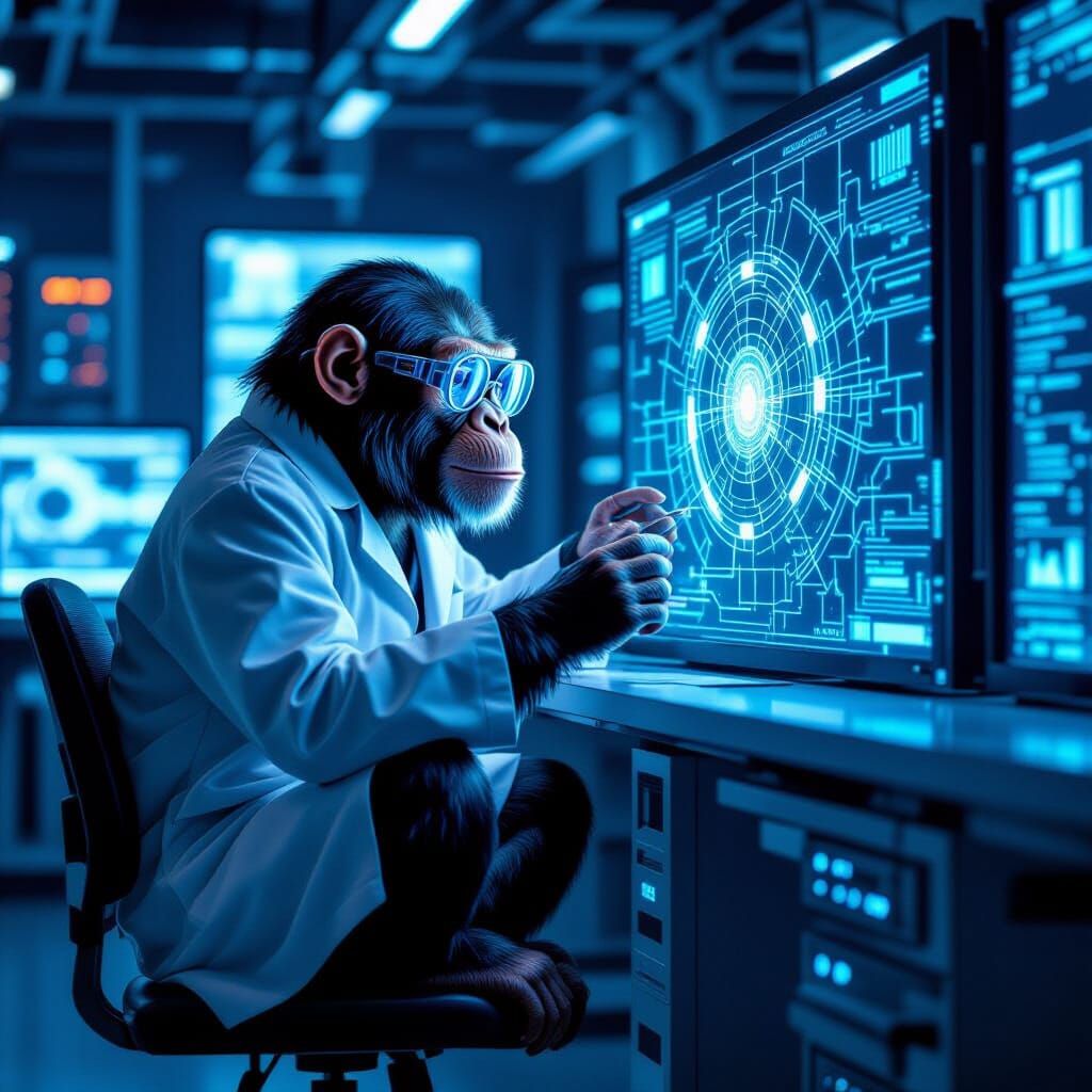 Chimpanzee Explores AI Neural Networks in Futuristic Lab