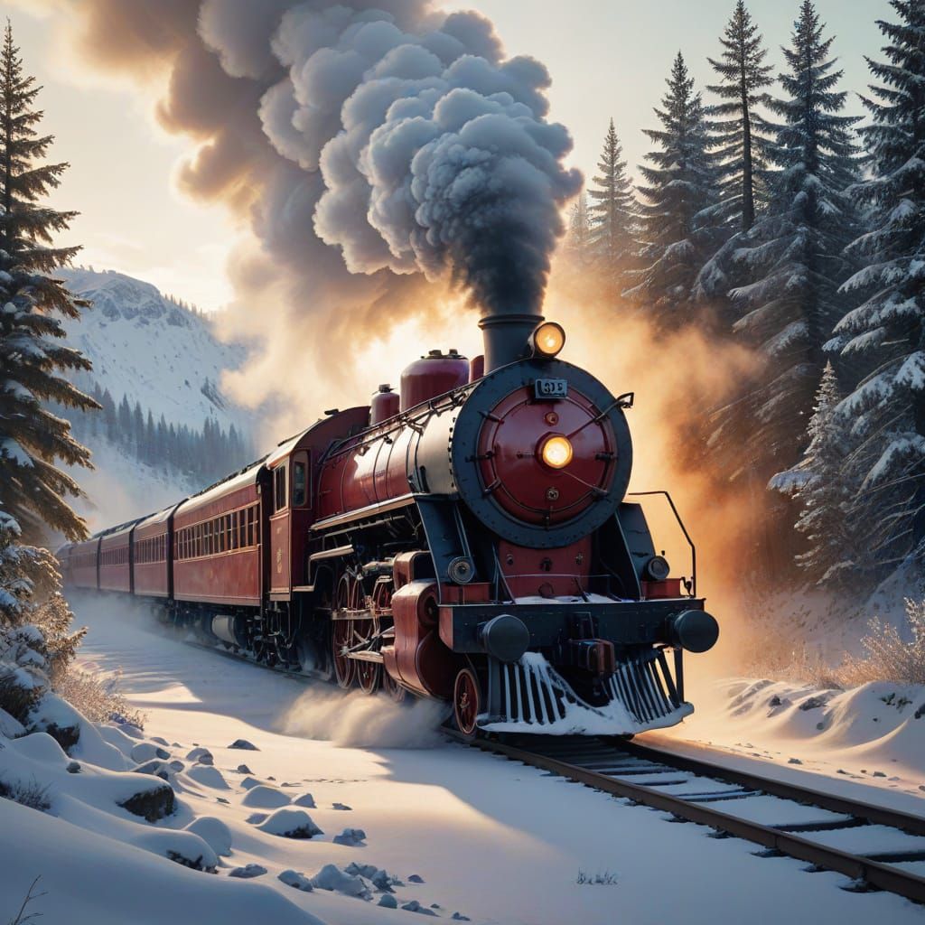 Crimson Steam Train in Snowy Tundra