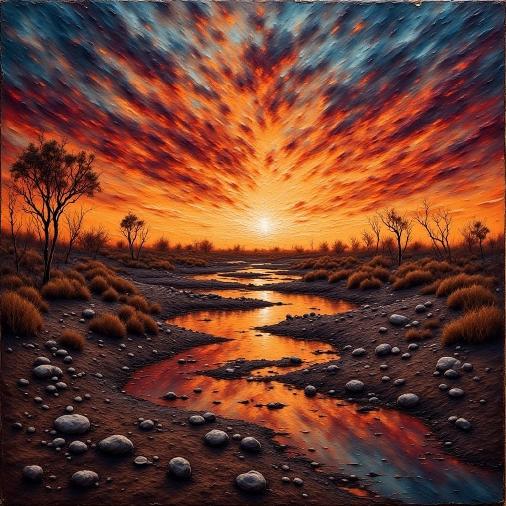 Grungy Oil Painting Sunset Over Batswana Cesspool