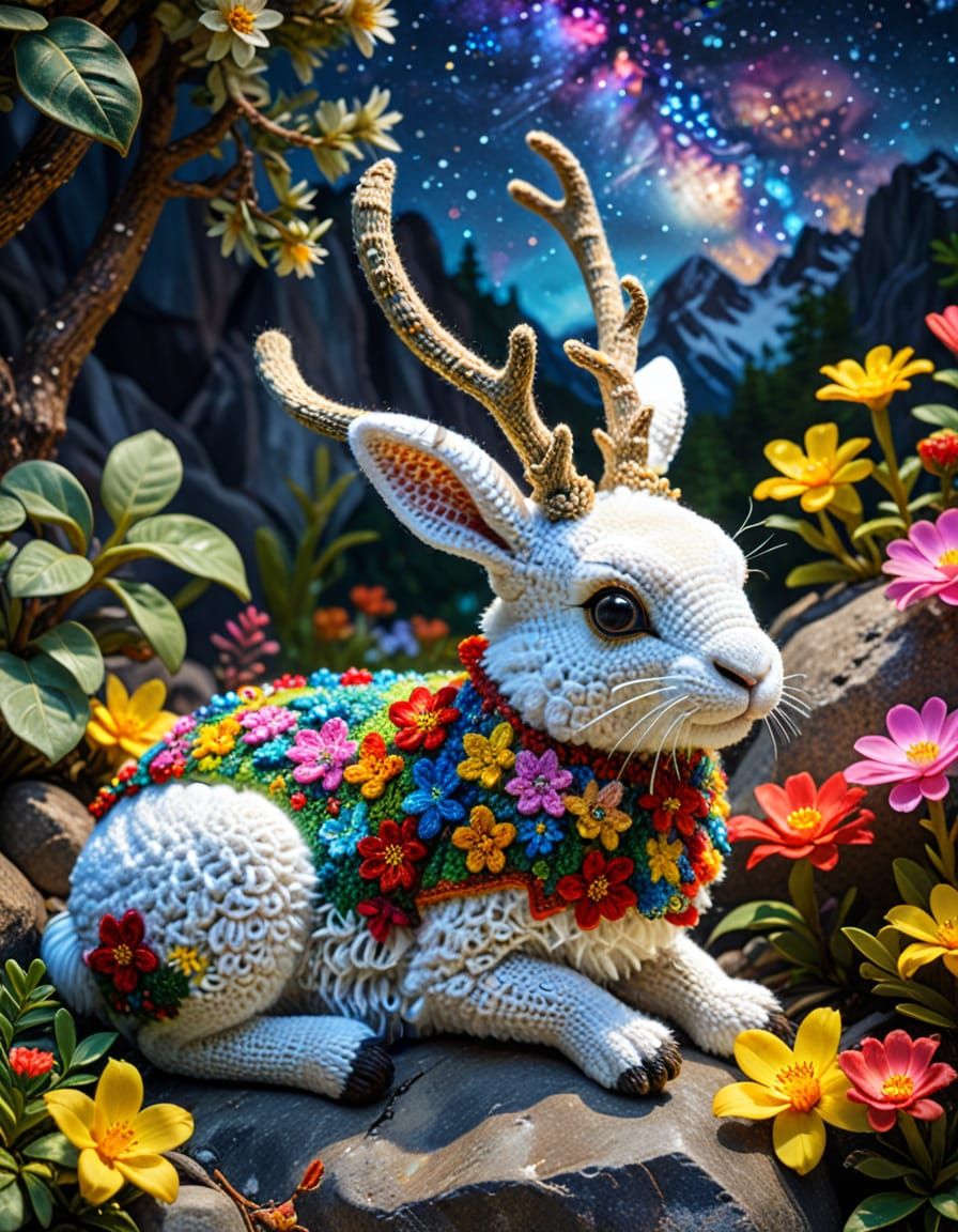 Jackalope in Rainforest, Klimt-Inspired Crochet Art