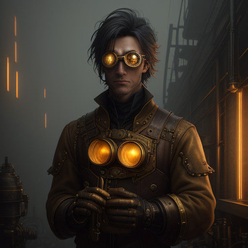 Mysterious Clockwork Inventor in Foggy Alleyway