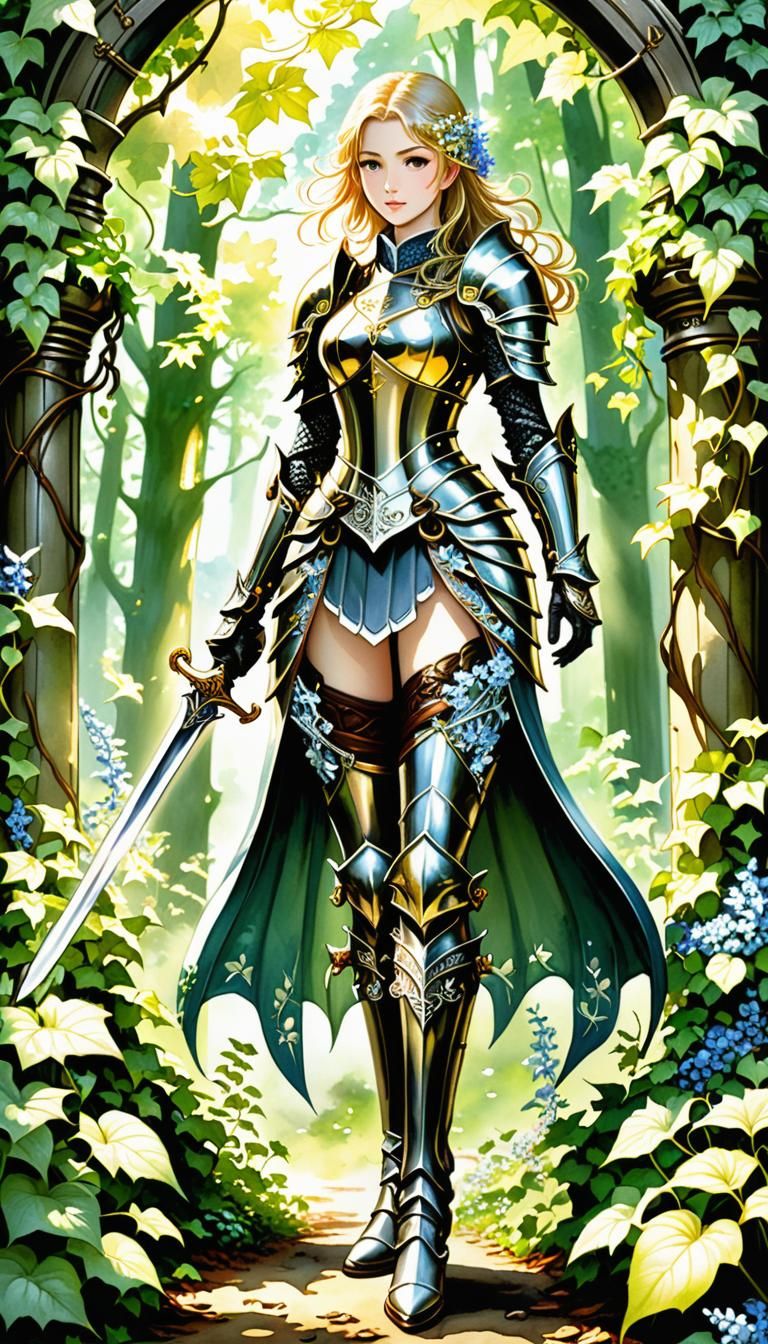 Female Knight in Floral Armor, Manga Watercolor Style