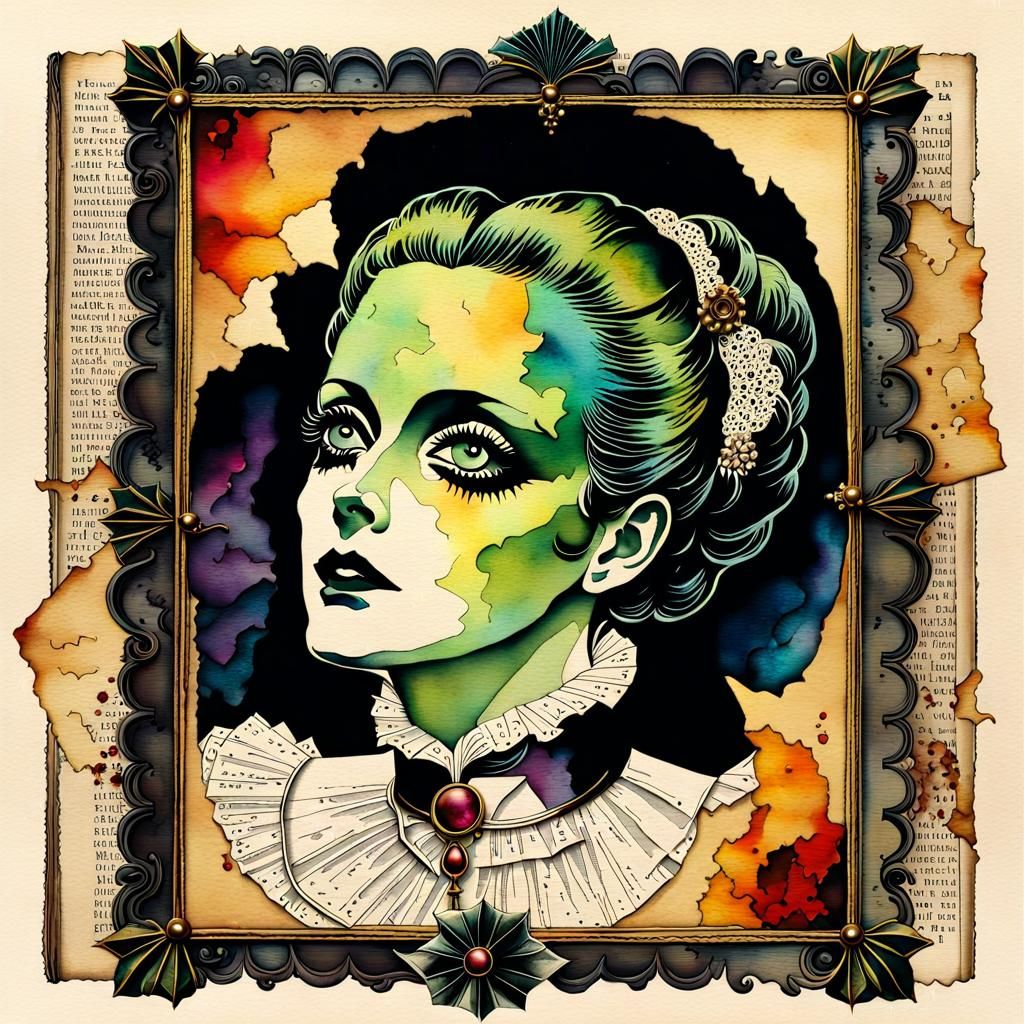 Macabre Bride of Frankenstein: Vintage Watercolor Illustrati...