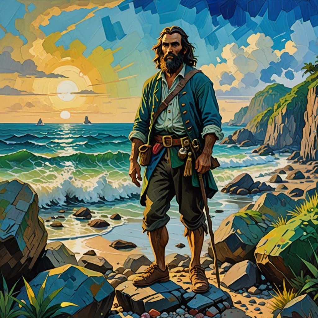 Epic Impressionist Masterpiece of Robinson Crusoe on Rocky S...