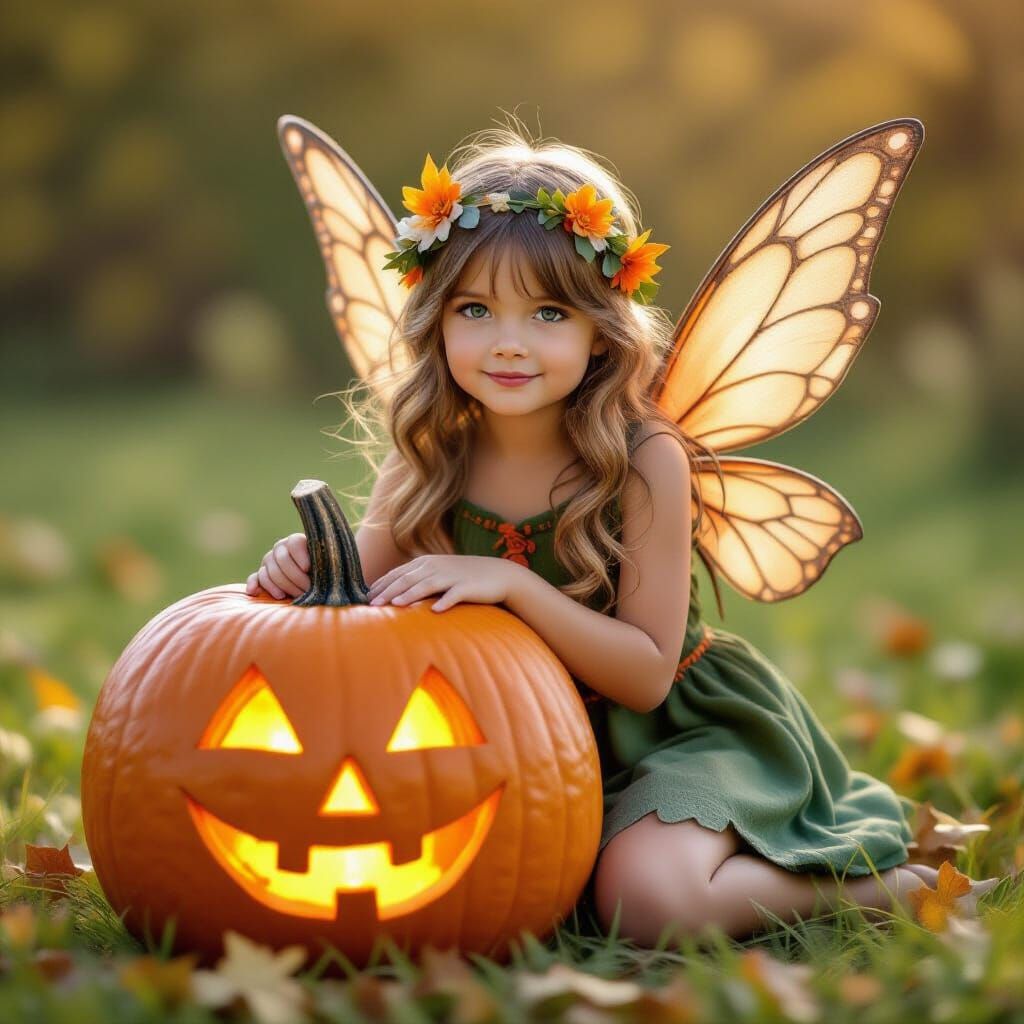 Whimsical Pixie Holding a Glowing Pumpkin