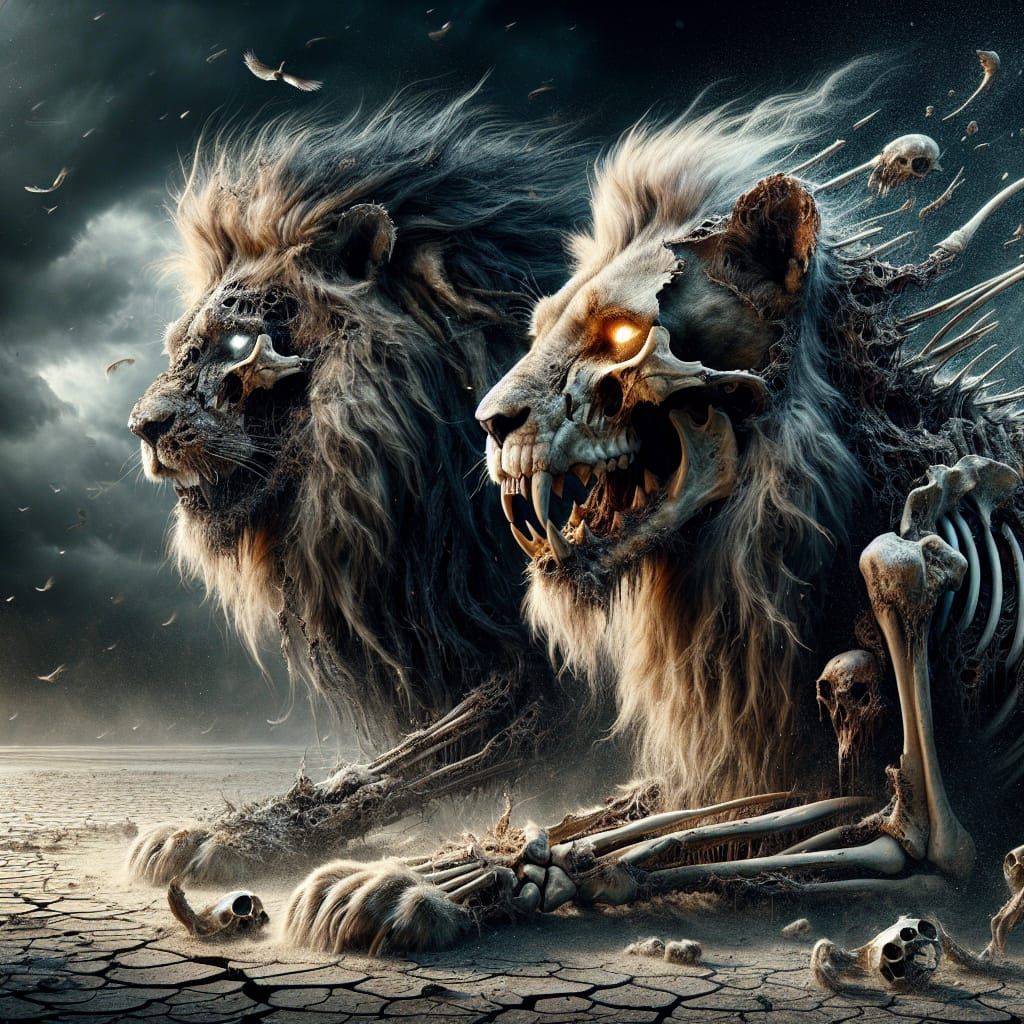 Apocalyptic Lions: Skeletal Warriors in Wasteland