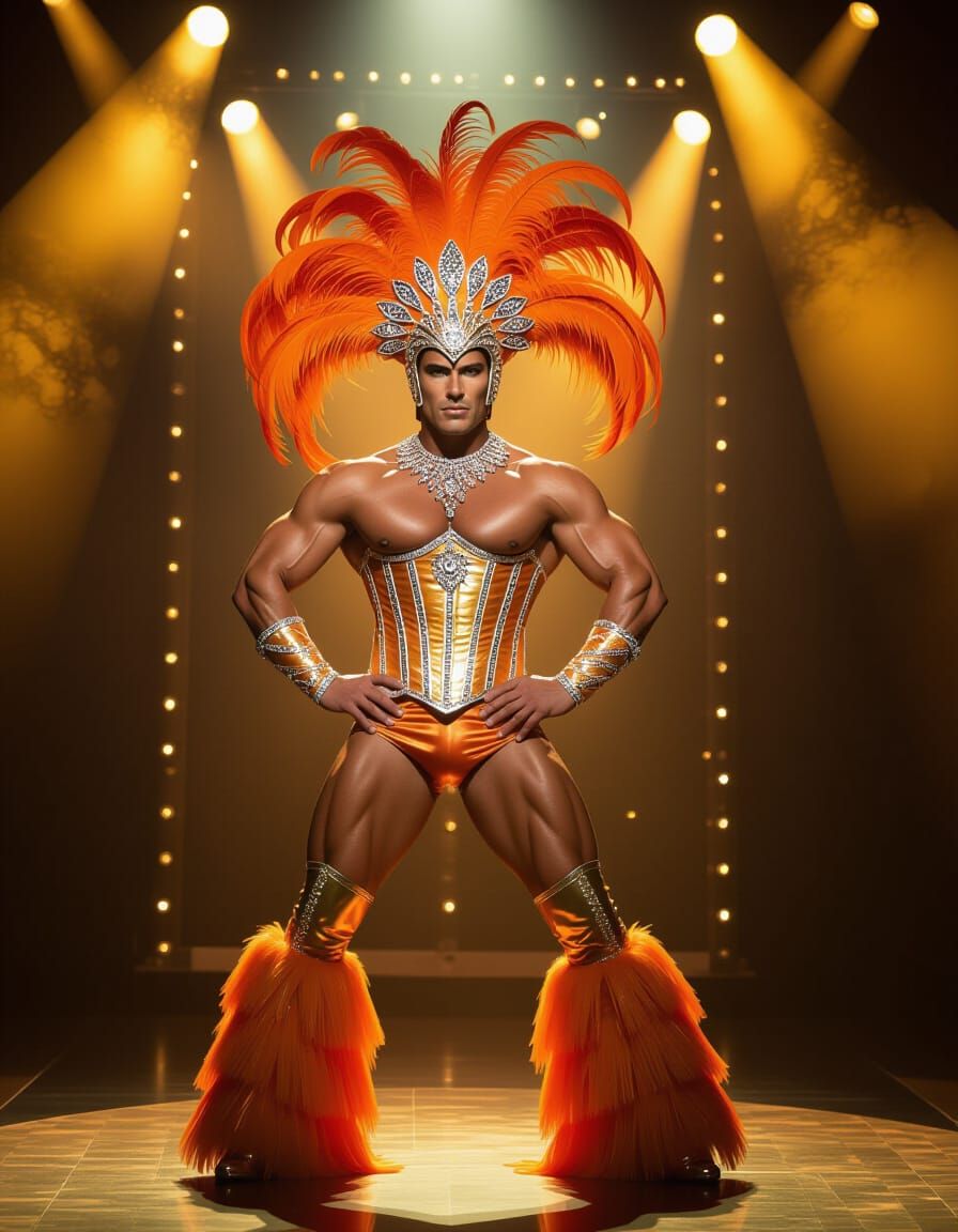 Male Showboy in Jeweled Corset and Feathered Headdress