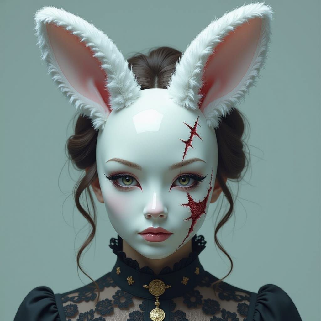 Porcelain Bunny Mask Portrait in Dark Atmospheric Style
