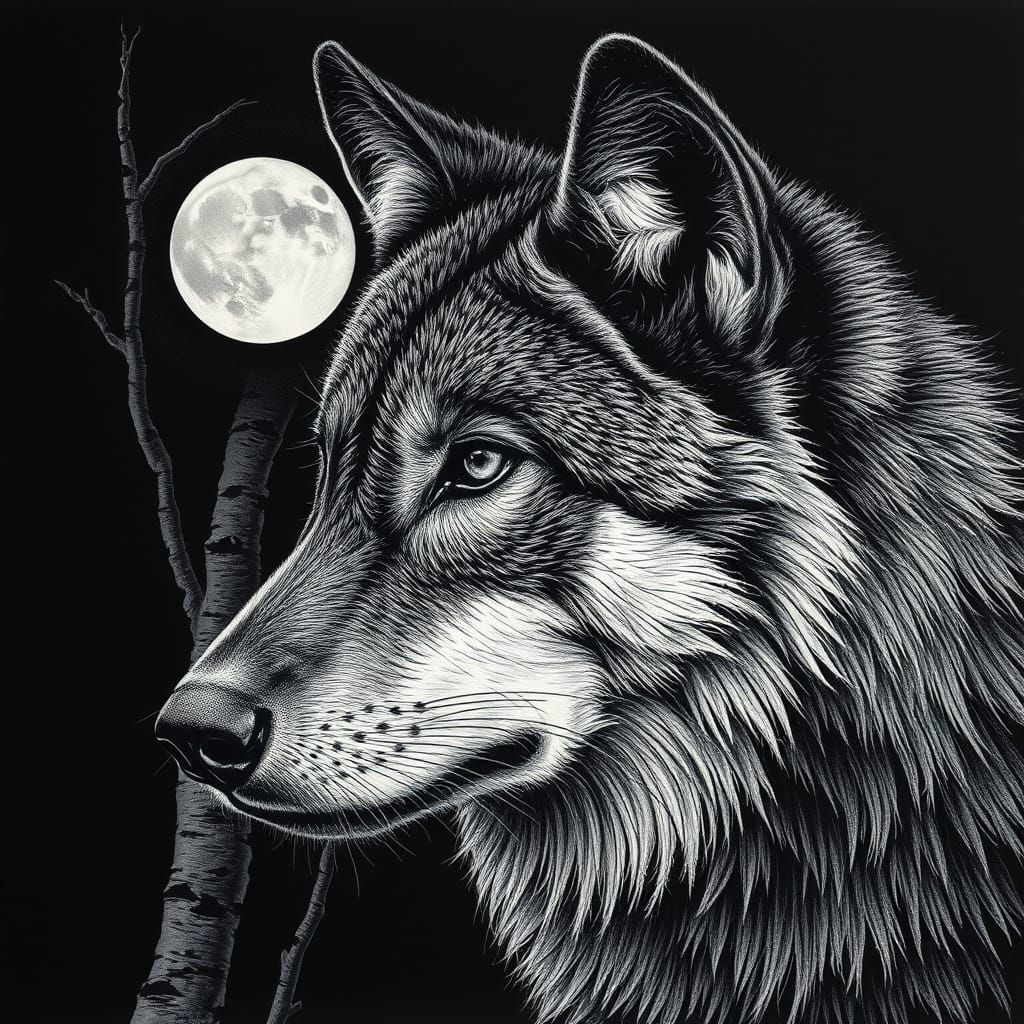 Intensely Detailed Wolf Scratchboard Portrait in Moonlight