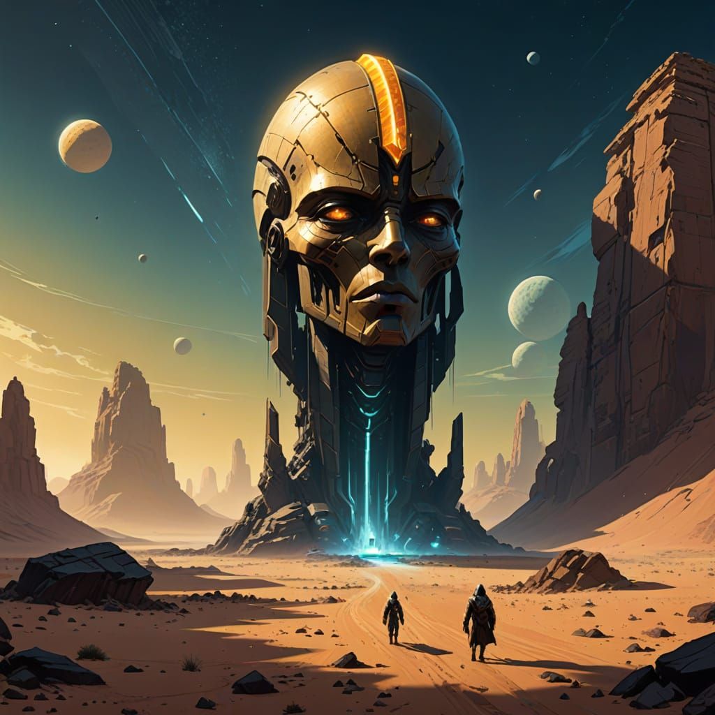 Giant Pharaoh Hovers Over Obsidian Sarcophagus in Alien Dese...