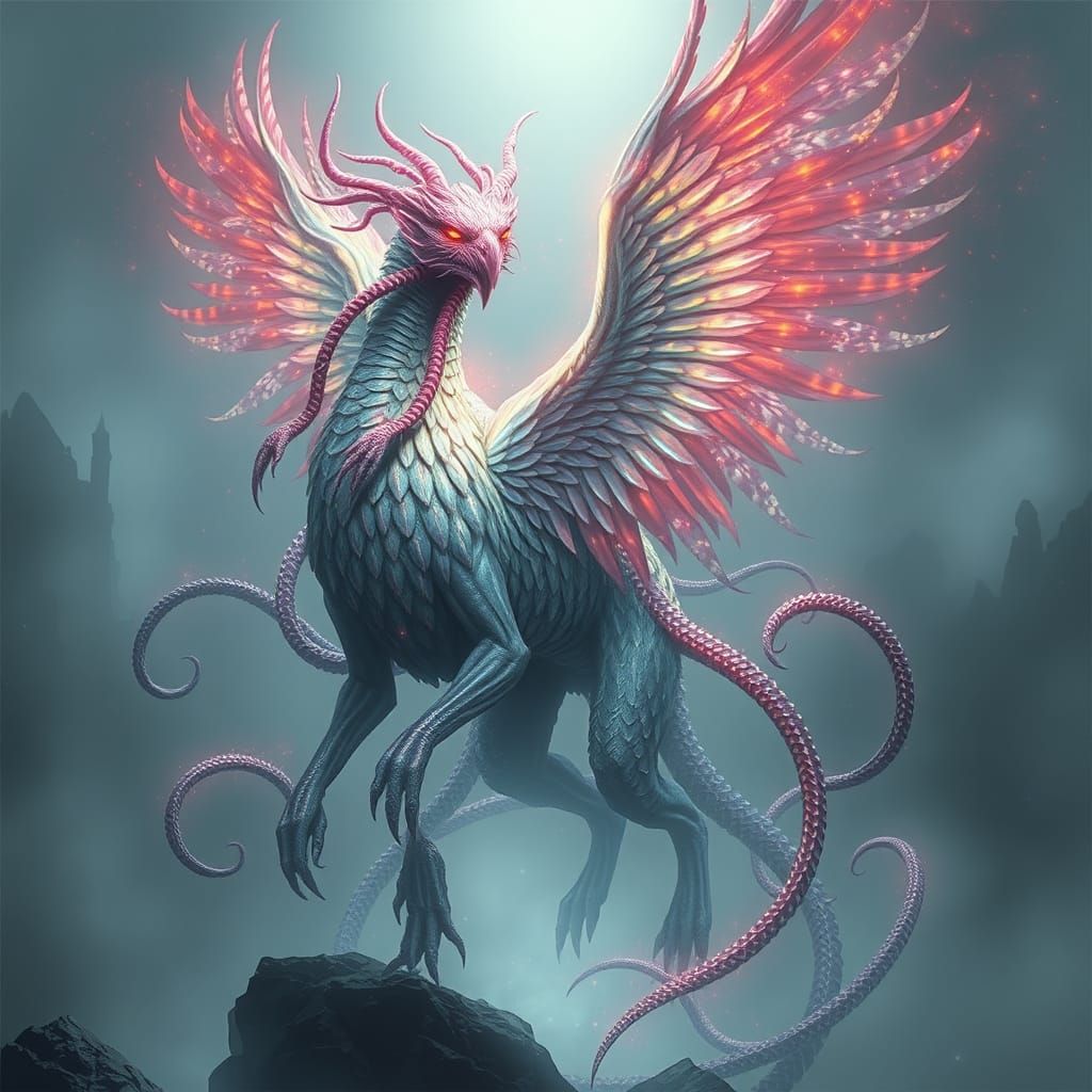 Ethereal Hydra Phoenix Hybrid in Misty Landscape