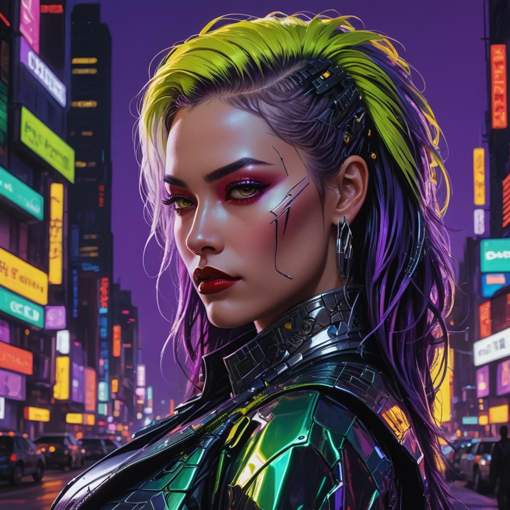 Cyberpunk Woman with Feathers and Silver Eyes