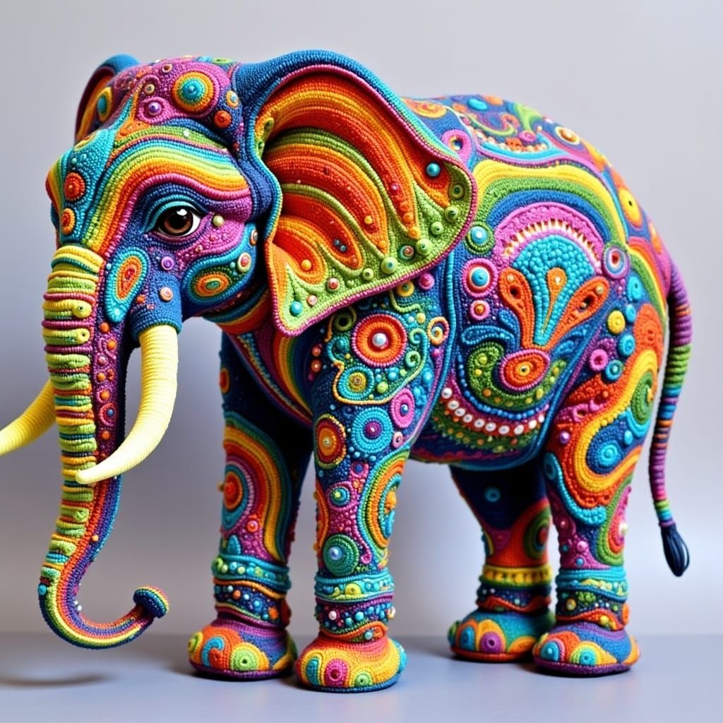 Rainbow Yarn Elephant in Psychedelic Mixed Media