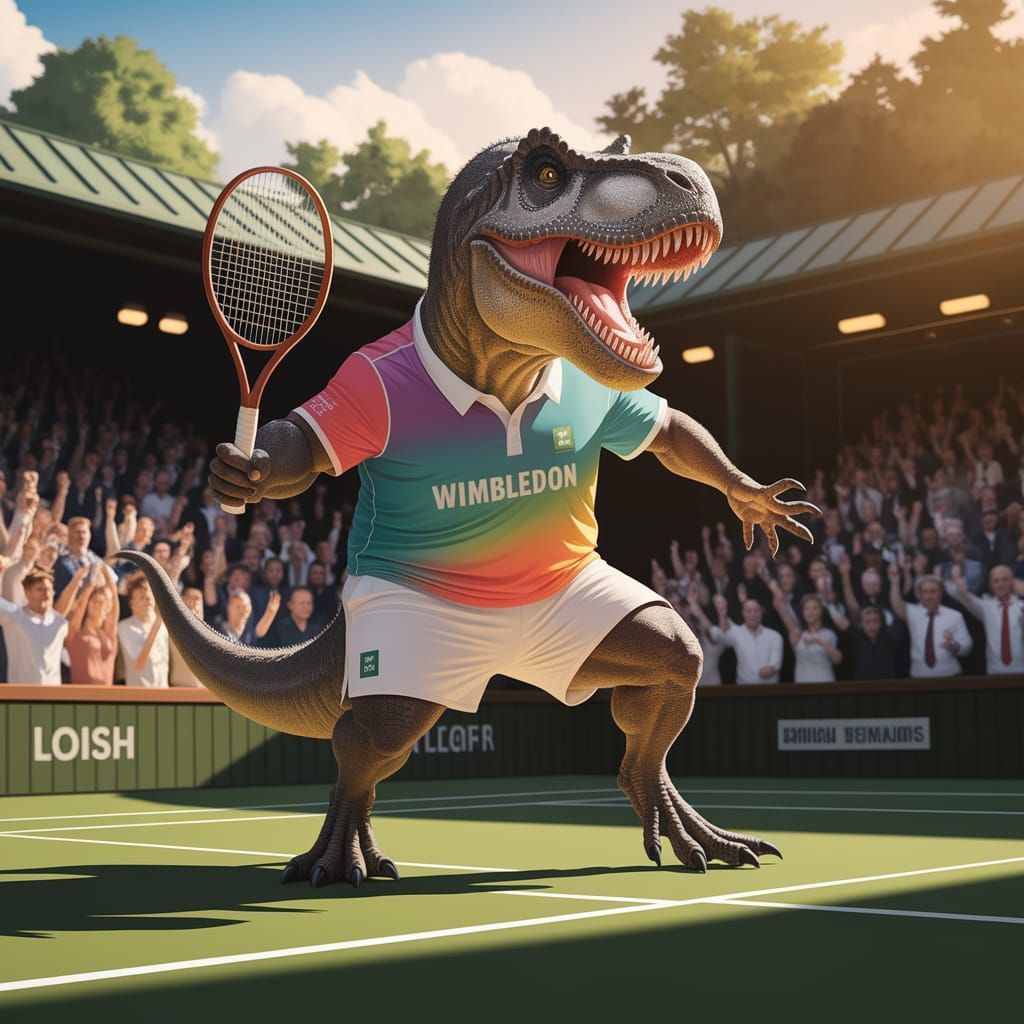 T-Rex Plays Tennis at Wimbledon in Digital Art Style