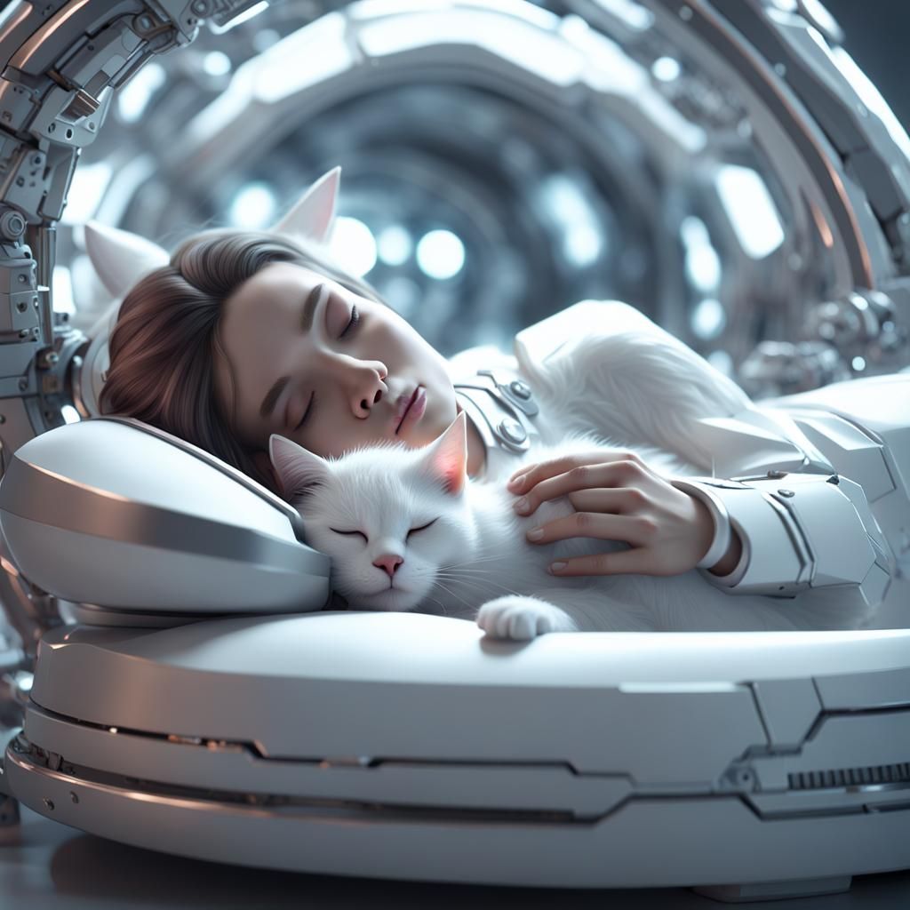 Girl Dreaming on Cat in Sci-Fi Style
