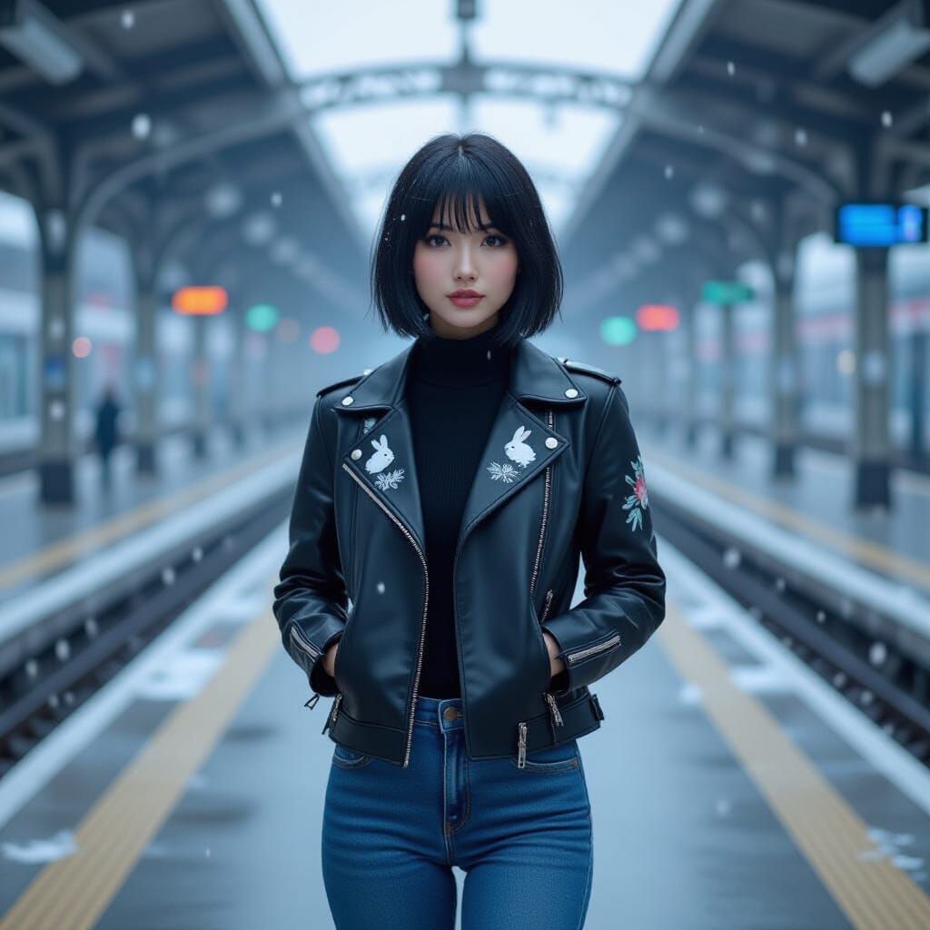 Anime Woman on Snowy Train Platform