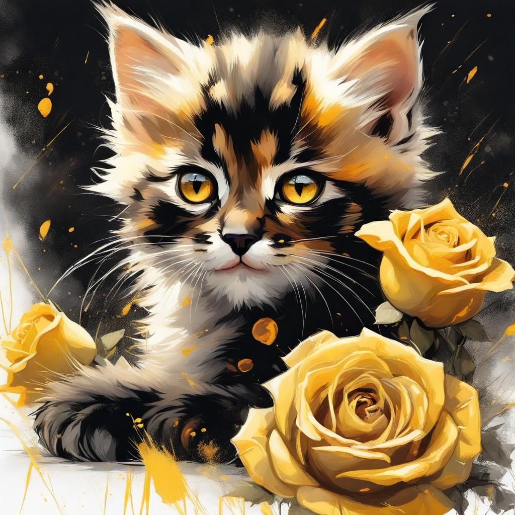 Tortoiseshell Kitten in the Yellow Roses