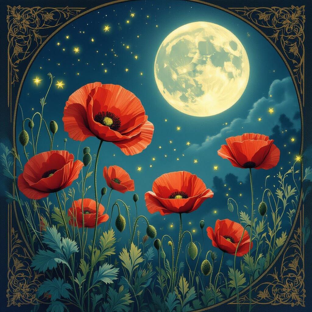 Bioluminescent Poppies Under Moon in Art Nouveau Style