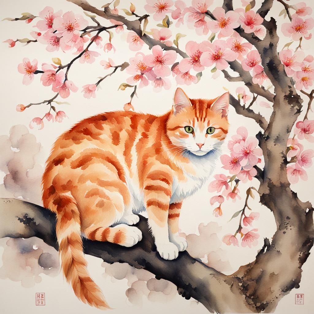 Ginger Cat in Cherry Tree: Chinese Watercolour
