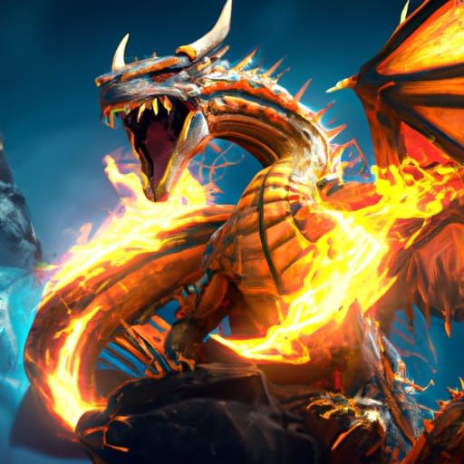 Magnificent Fire Dragon Guarding Gold, Dark Fantasy Art