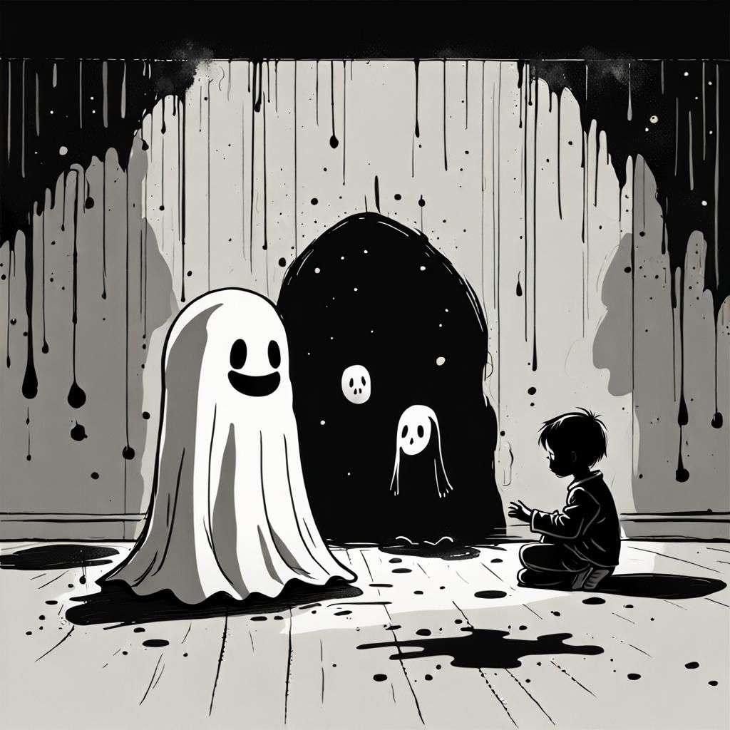 Sad Ghost Playing with Children in Dark Room