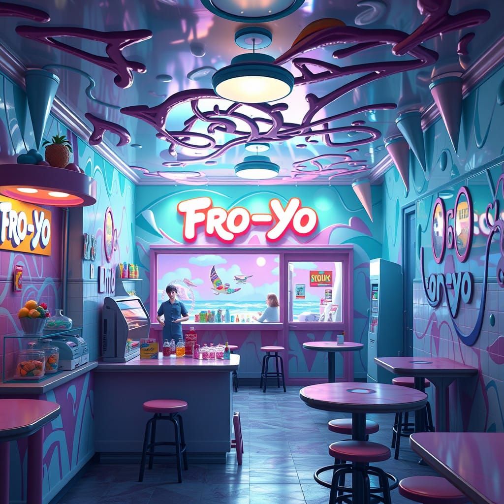 Surreal Frozen Yogurt Shop in Vibrant Fantasy Style
