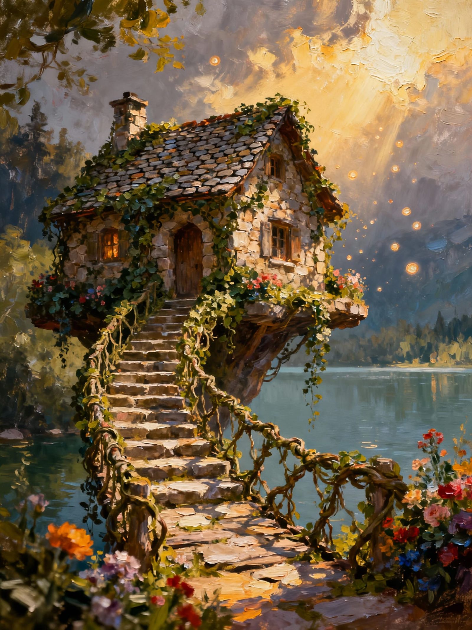 Fairytale Cobblestone Cabin on Vine Bridge, Impasto Painting