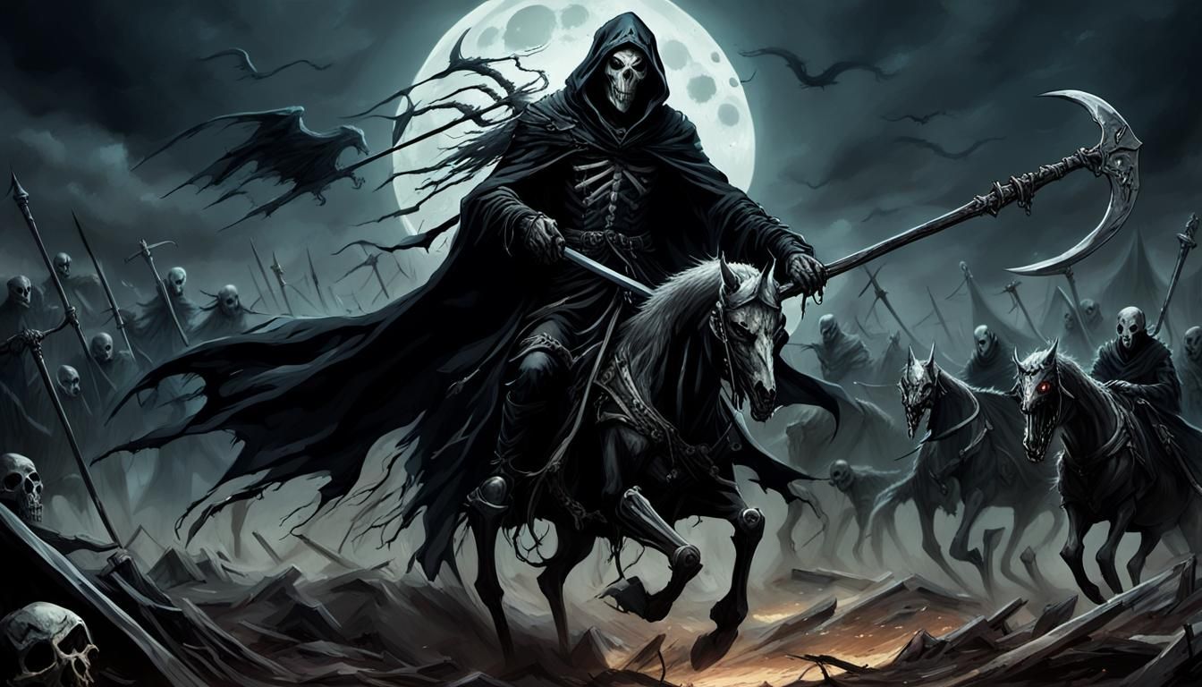 Grim Reaper Rides Across Desolate Battlefield