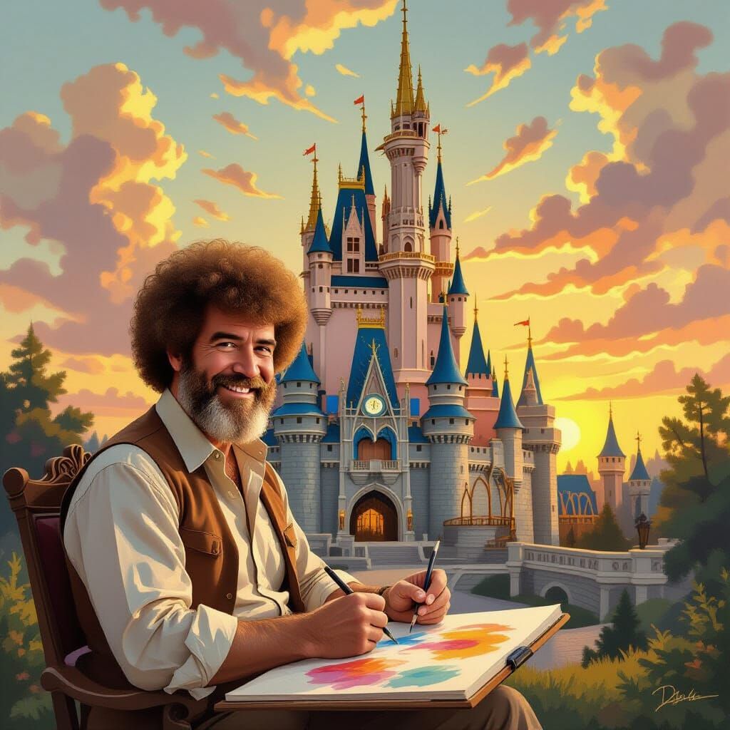 Majestic Castle in Golden Hour Landscape, Bob Ross Style