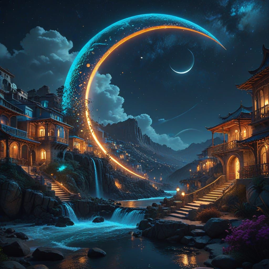 Fantasy Crescent Moon Village in Maximalist Style